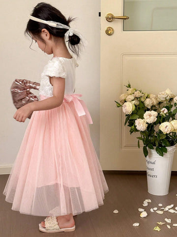 Young Girl Flower Girl Party Gorgeous 3D Flower Detail Contrast Mesh Long Dress