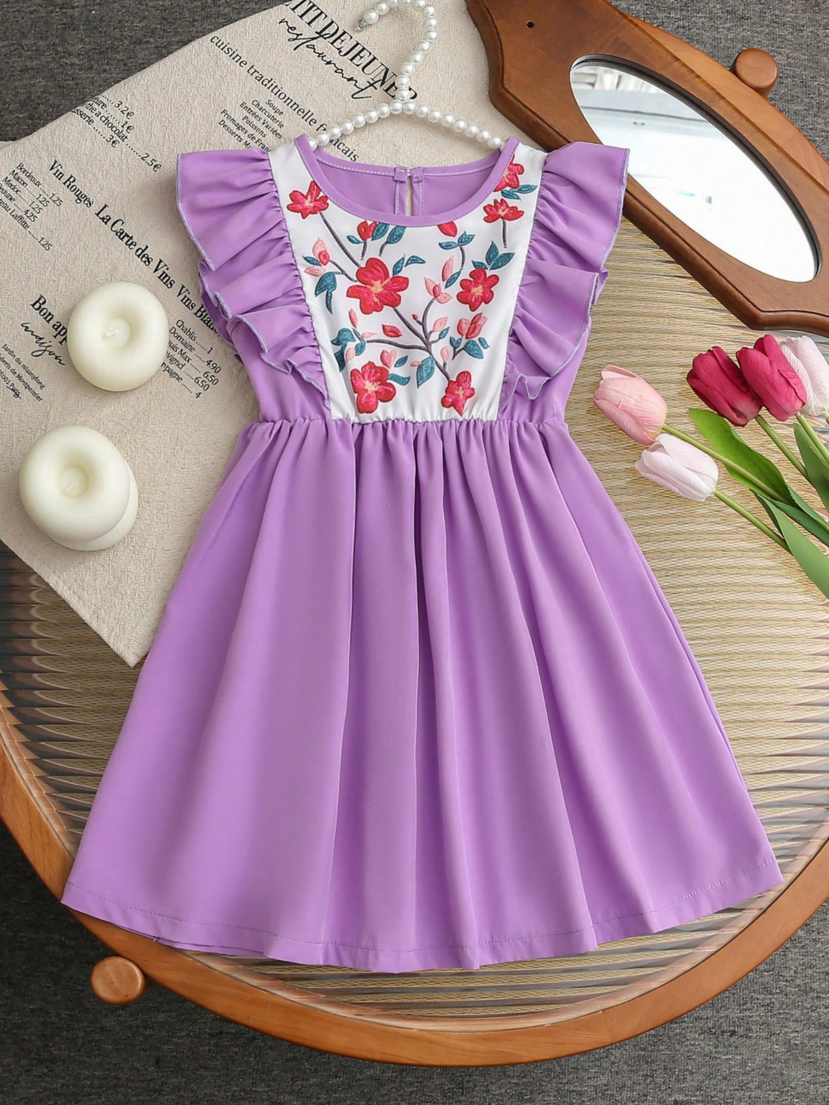 Young Girl Flower Pattern Ruffle Hem Patchwork Dress