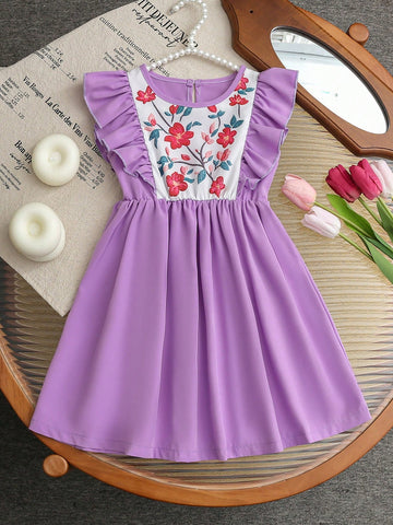 Young Girl Flower Pattern Ruffle Hem Patchwork Dress