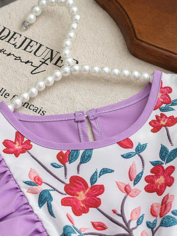 Young Girl Flower Pattern Ruffle Hem Patchwork Dress