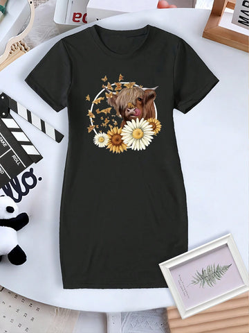 Young Girl Flower Print Summer Dress With Cute Cow Headband & Daisy Flower Garland