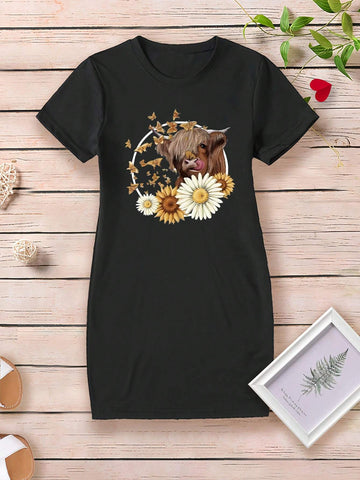 Young Girl Flower Print Summer Dress With Cute Cow Headband & Daisy Flower Garland