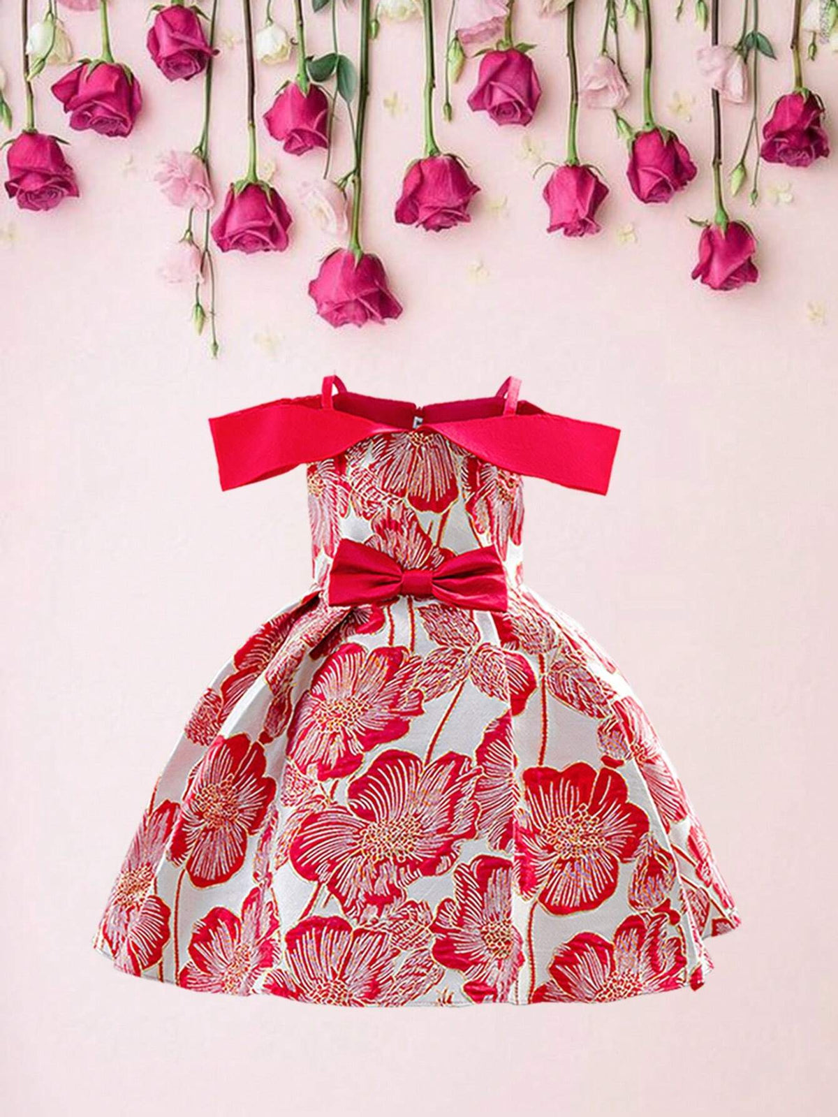 Young Girl Flower Textured Jacquard Satin Waist Bow Decoration Spaghetti Strap Off-Shoulder Gown Dress