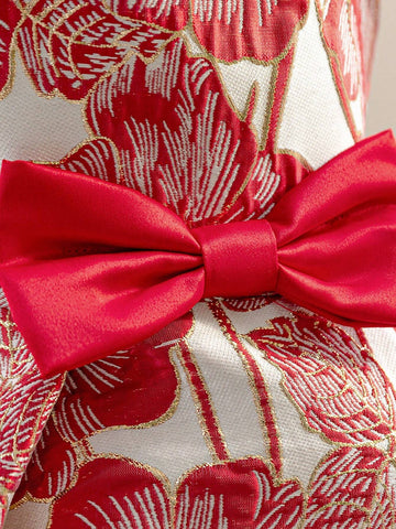 Young Girl Flower Textured Jacquard Satin Waist Bow Decoration Spaghetti Strap Off-Shoulder Gown Dress