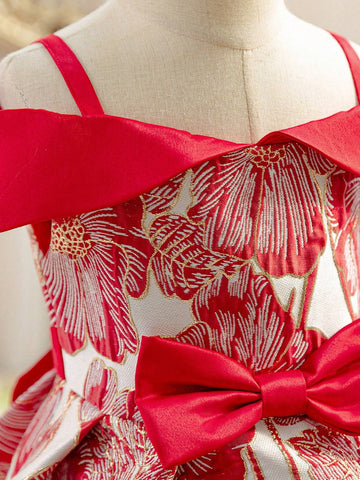 Young Girl Flower Textured Jacquard Satin Waist Bow Decoration Spaghetti Strap Off-Shoulder Gown Dress