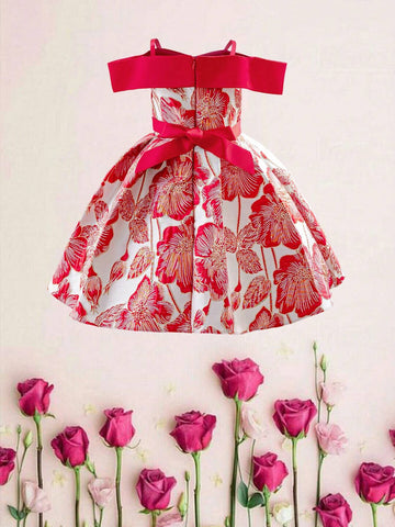 Young Girl Flower Textured Jacquard Satin Waist Bow Decoration Spaghetti Strap Off-Shoulder Gown Dress