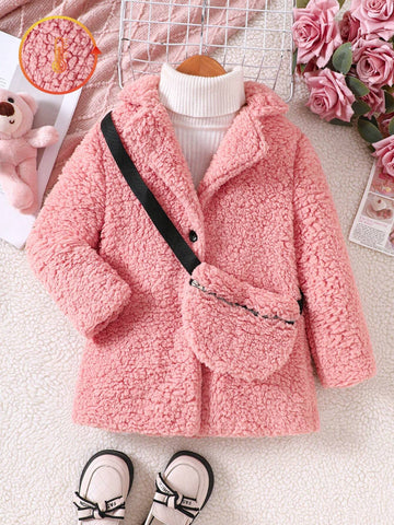 Young Girl' Fluffy Sherpa Coat With Lapel, Warm And Thick Casual Daily Wear Outwear With Long Sleeve Shirt And Stylish Crossbody Bag, Winter New Arrival