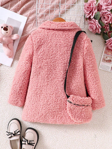 Young Girl' Fluffy Sherpa Coat With Lapel, Warm And Thick Casual Daily Wear Outwear With Long Sleeve Shirt And Stylish Crossbody Bag, Winter New Arrival