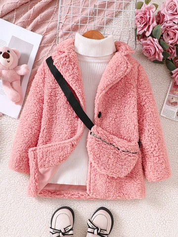 Young Girl' Fluffy Sherpa Coat With Lapel, Warm And Thick Casual Daily Wear Outwear With Long Sleeve Shirt And Stylish Crossbody Bag, Winter New Arrival
