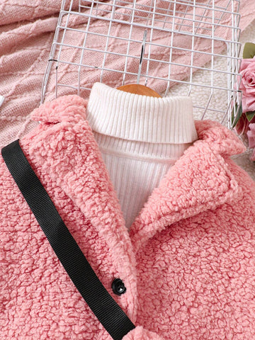 Young Girl' Fluffy Sherpa Coat With Lapel, Warm And Thick Casual Daily Wear Outwear With Long Sleeve Shirt And Stylish Crossbody Bag, Winter New Arrival