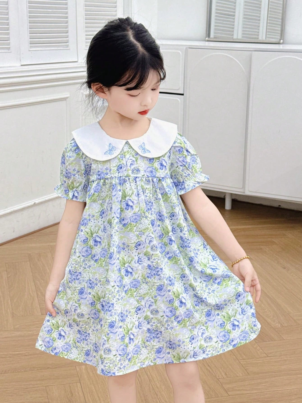 Young Girl Flutter Sleeve Embroidered Butterfly Print Floral Princess Dress