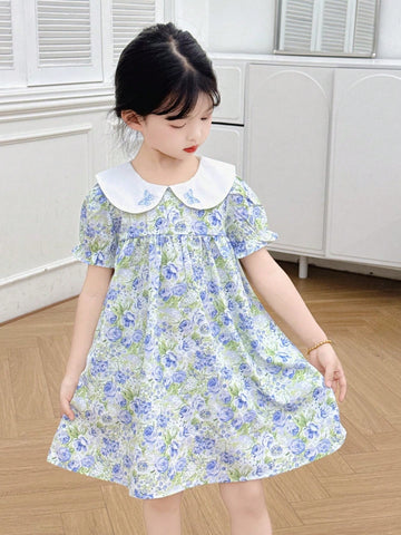 Young Girl Flutter Sleeve Embroidered Butterfly Print Floral Princess Dress