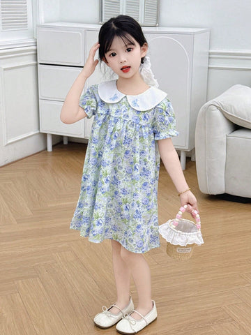 Young Girl Flutter Sleeve Embroidered Butterfly Print Floral Princess Dress
