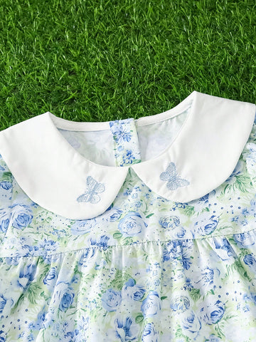 Young Girl Flutter Sleeve Embroidered Butterfly Print Floral Princess Dress