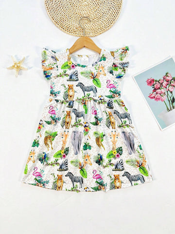 Young Girl Forest Cartoon Animal Pattern Printed Flying Sleeve Casual Dress For Spring, Summer And Autumn