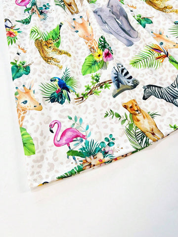 Young Girl Forest Cartoon Animal Pattern Printed Flying Sleeve Casual Dress For Spring, Summer And Autumn