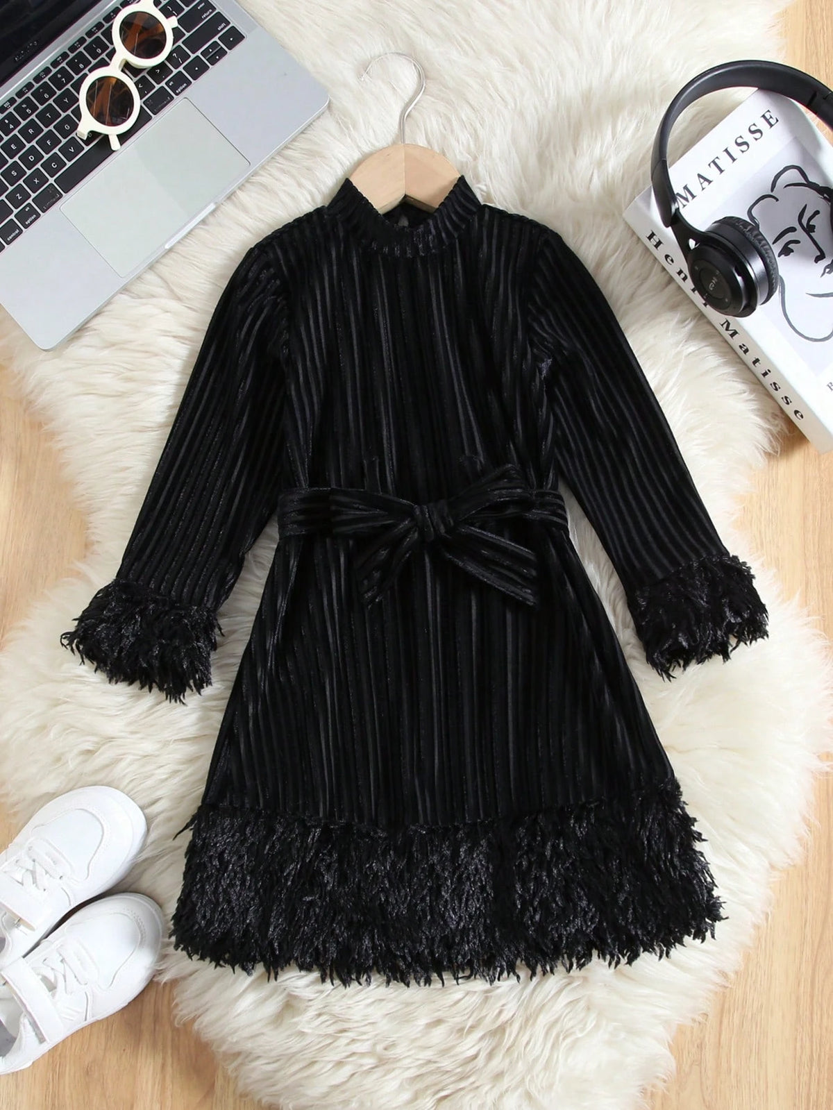 Young Girl French Collar Long Sleeve Velvet Cuff Dress, Fashionable Formal Party Mini Dress, Mommy And Me Matching Outfit