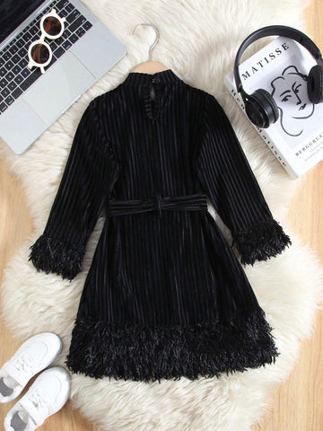Young Girl French Collar Long Sleeve Velvet Cuff Dress, Fashionable Formal Party Mini Dress, Mommy And Me Matching Outfit