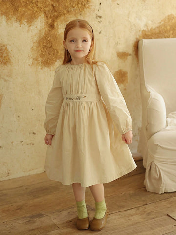 Young Girl French Embroidered Lace Collar Long Sleeve Dress, Princess Style, Spring/Autumn