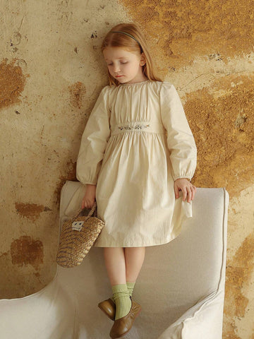 Young Girl French Embroidered Lace Collar Long Sleeve Dress, Princess Style, Spring/Autumn