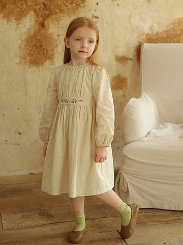 Young Girl French Embroidered Lace Collar Long Sleeve Dress, Princess Style, Spring/Autumn