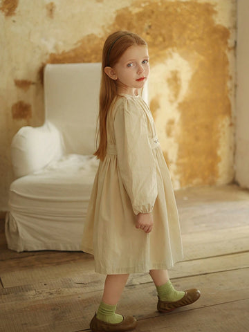 Young Girl French Embroidered Lace Collar Long Sleeve Dress, Princess Style, Spring/Autumn