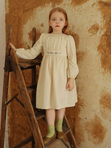 Young Girl French Embroidered Lace Collar Long Sleeve Dress, Princess Style, Spring/Autumn