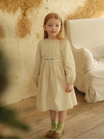 Young Girl French Embroidered Lace Collar Long Sleeve Dress, Princess Style, Spring/Autumn