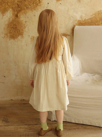 Young Girl French Embroidered Lace Collar Long Sleeve Dress, Princess Style, Spring/Autumn