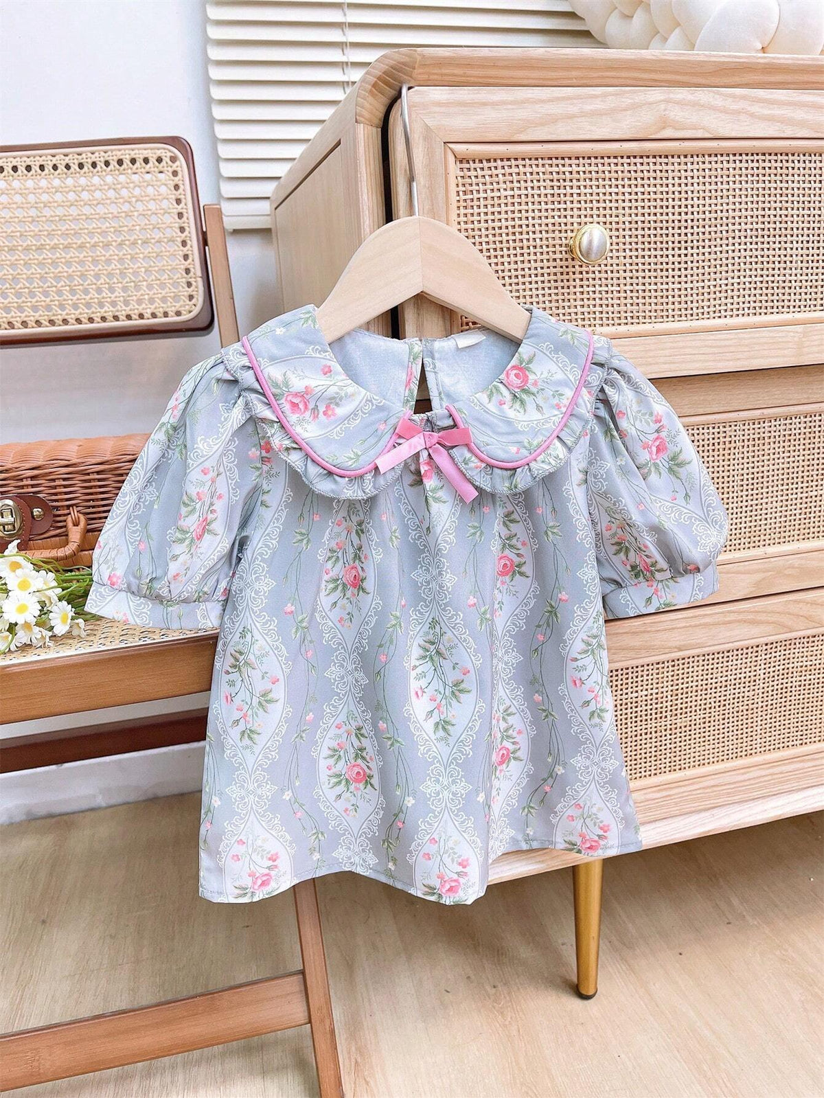 Young Girl French Floral Printed Shirt, Summer