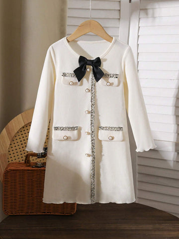Young Girl Front Button Bow Decor Long Sleeve Pocket Dress