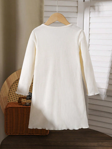 Young Girl Front Button Bow Decor Long Sleeve Pocket Dress