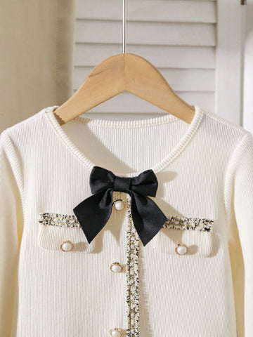 Young Girl Front Button Bow Decor Long Sleeve Pocket Dress