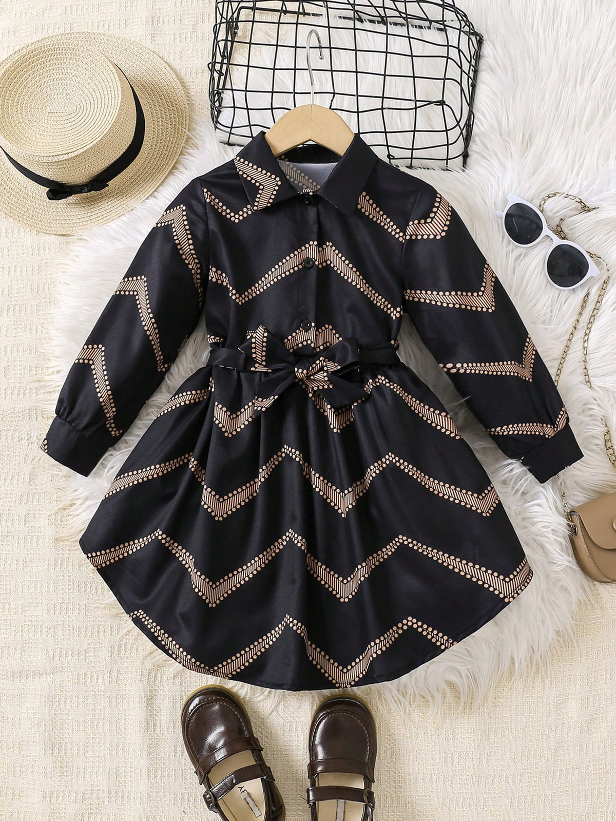 Young Girl Front Button Long Sleeve All Over Print Casual Dress