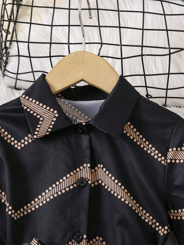 Young Girl Front Button Long Sleeve All Over Print Casual Dress