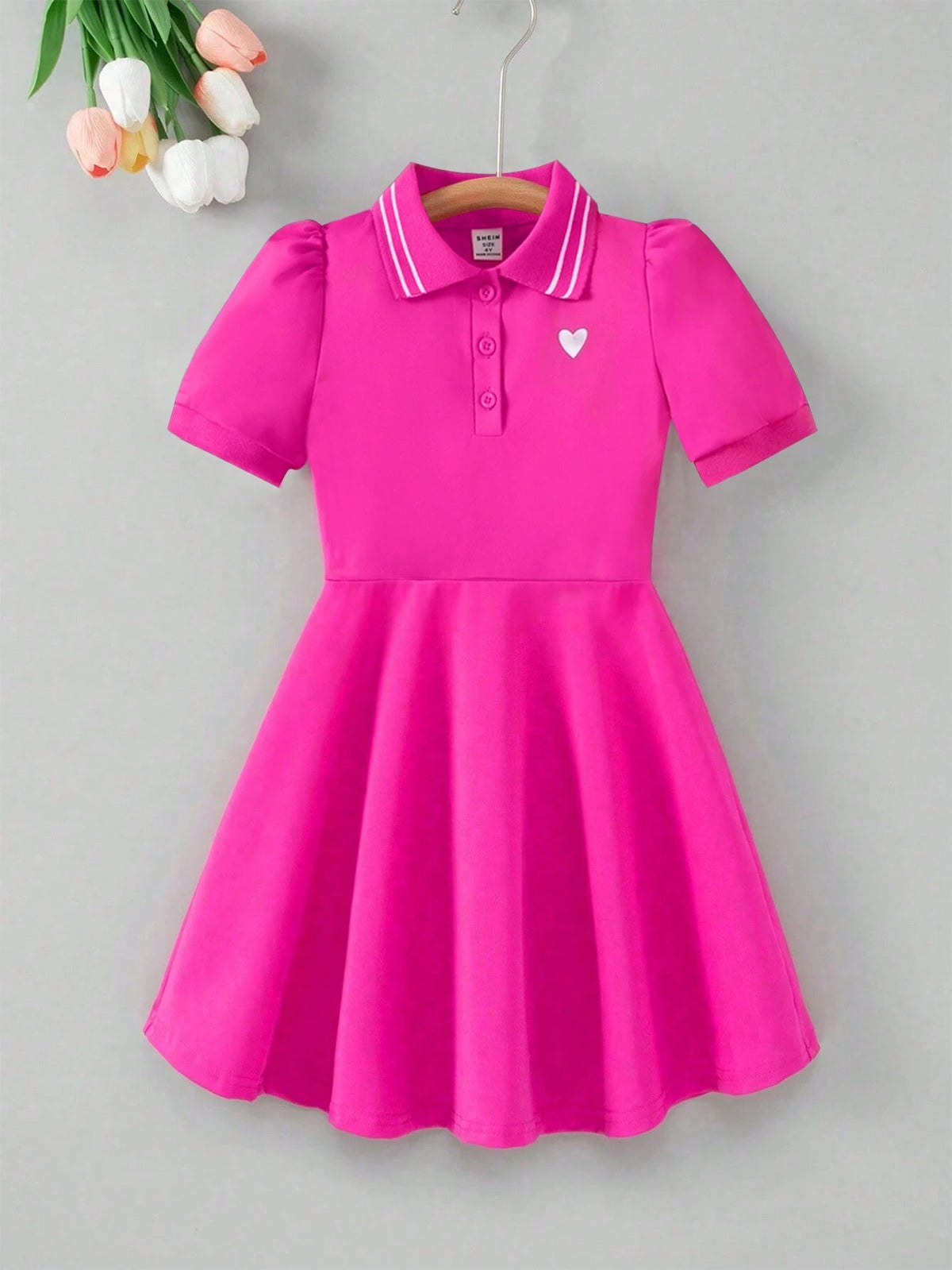 Young Girl' Front Button Short Sleeve Heart Print Casual Dress