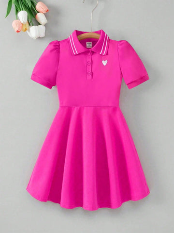 Young Girl' Front Button Short Sleeve Heart Print Casual Dress
