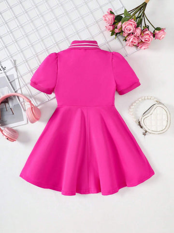 Young Girl' Front Button Short Sleeve Heart Print Casual Dress