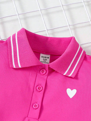 Young Girl' Front Button Short Sleeve Heart Print Casual Dress