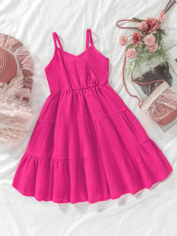 Young Girl Fuchsia Spaghetti Strap Fitted Pink Dress