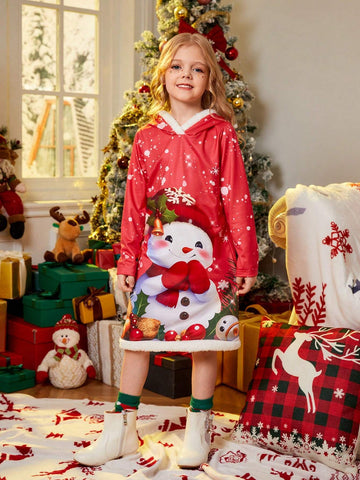 Young Girl Funny Cute Christmas Snowman & Christmas Elements Print Hooded Long Sleeve Splice Fur Hem Dress.