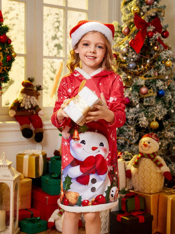 Young Girl Funny Cute Christmas Snowman & Christmas Elements Print Hooded Long Sleeve Splice Fur Hem Dress.