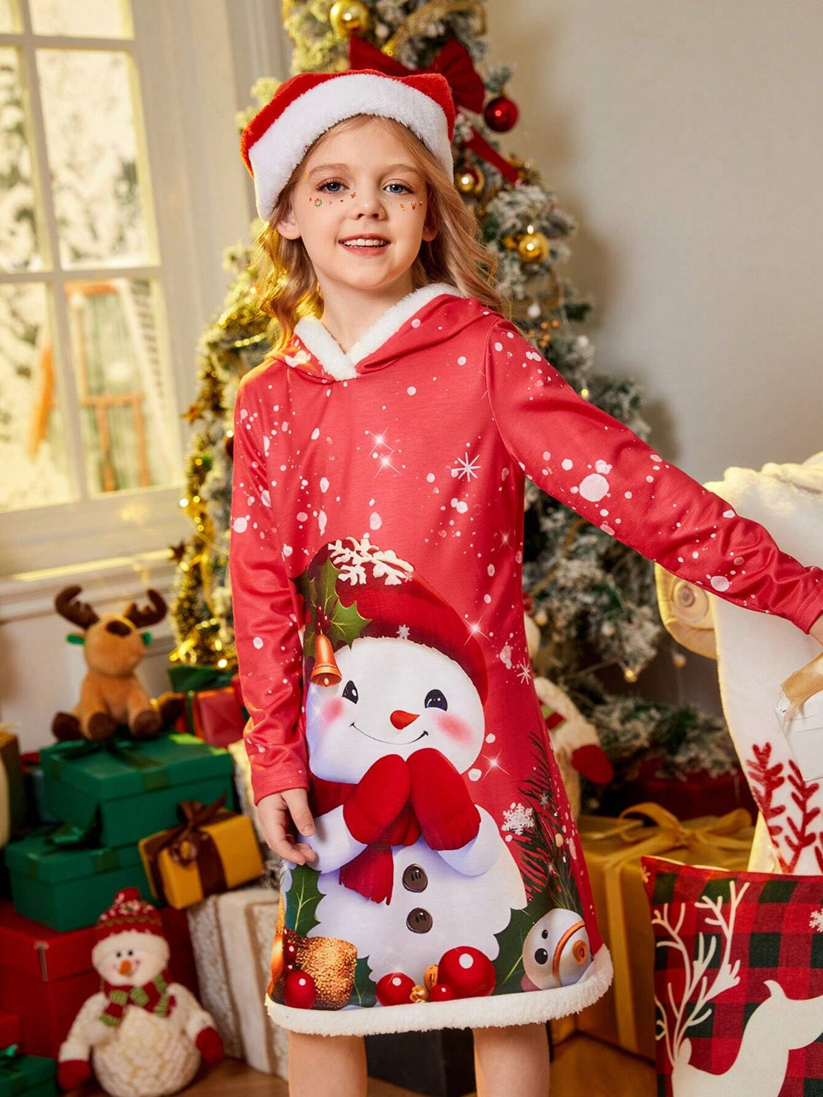Young Girl Funny Cute Christmas Snowman & Christmas Elements Print Hooded Long Sleeve Splice Fur Hem Dress.