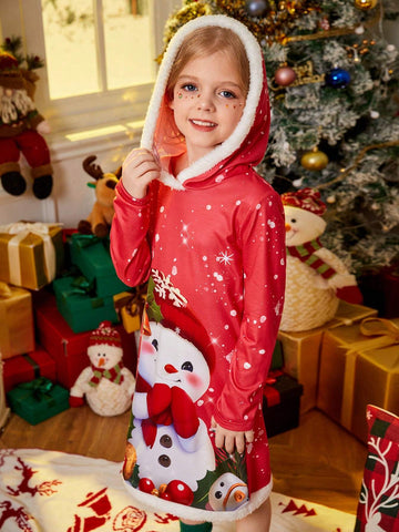 Young Girl Funny Cute Christmas Snowman & Christmas Elements Print Hooded Long Sleeve Splice Fur Hem Dress.