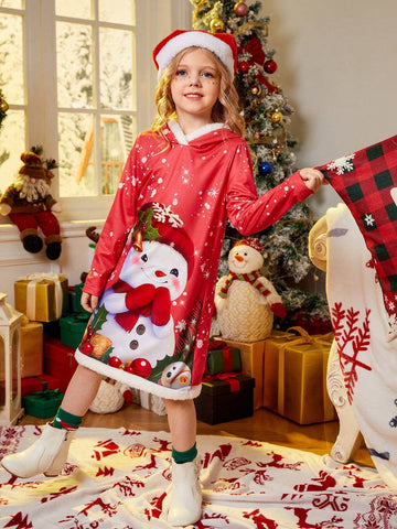 Young Girl Funny Cute Christmas Snowman & Christmas Elements Print Hooded Long Sleeve Splice Fur Hem Dress.