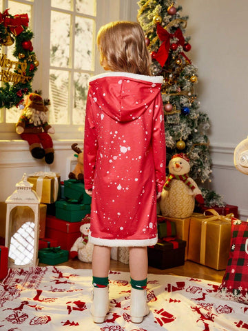 Young Girl Funny Cute Christmas Snowman & Christmas Elements Print Hooded Long Sleeve Splice Fur Hem Dress.