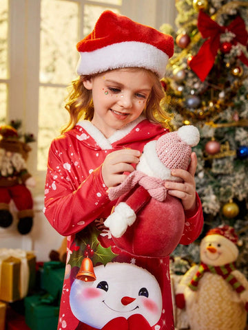 Young Girl Funny Cute Christmas Snowman & Christmas Elements Print Hooded Long Sleeve Splice Fur Hem Dress.