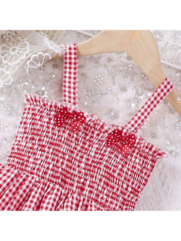 Young Girl Gingham Print Cherry Patched Shirred Bodice Cami Dress