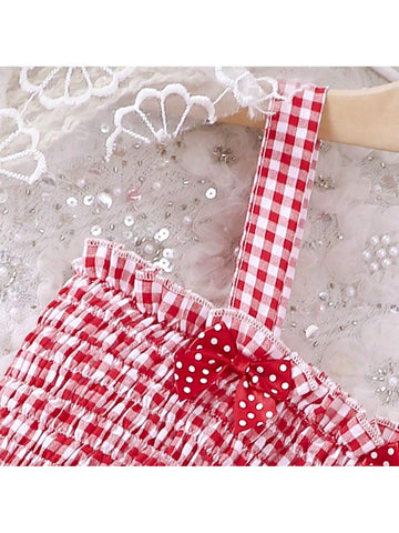 Young Girl Gingham Print Cherry Patched Shirred Bodice Cami Dress