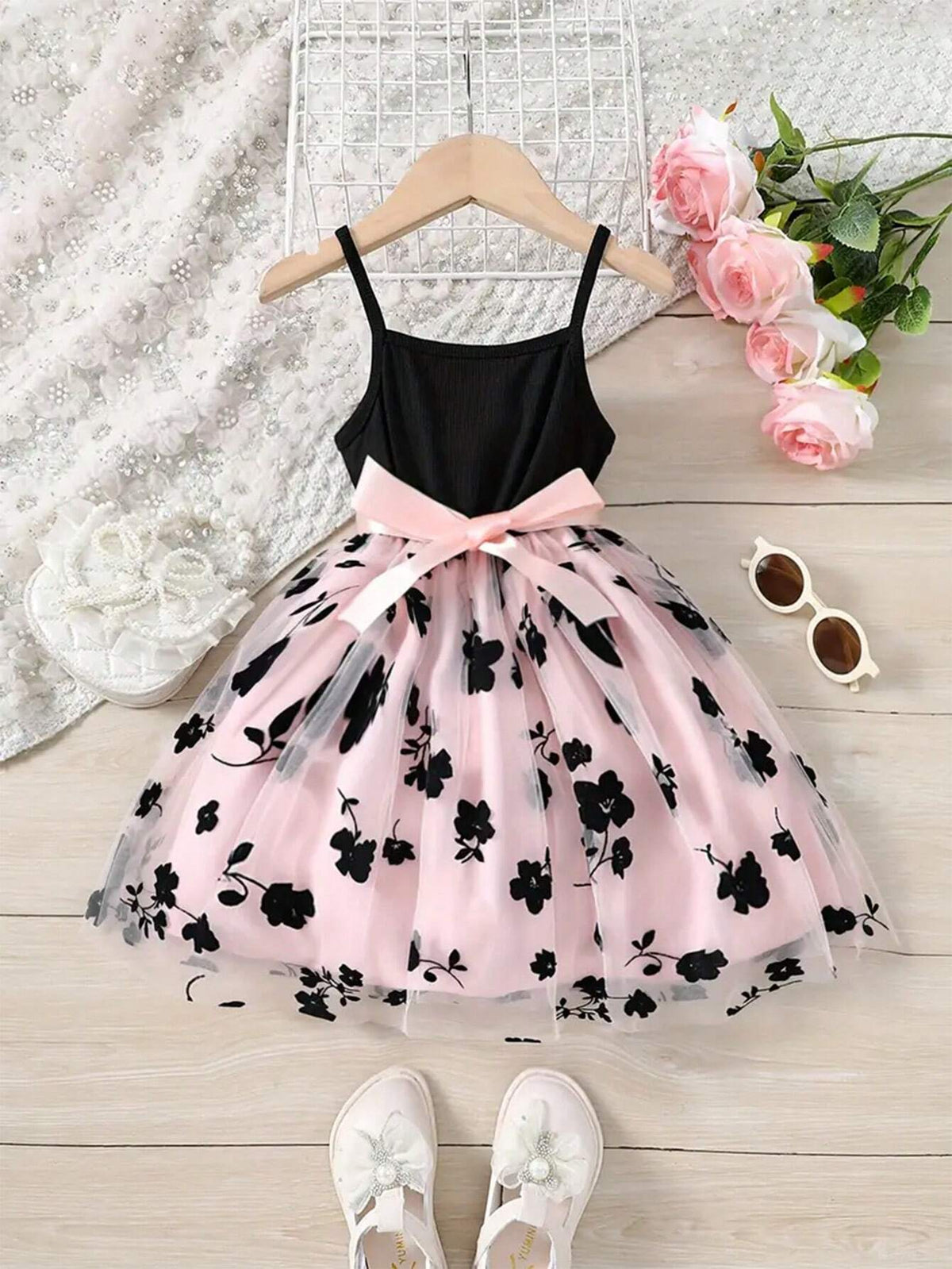 Young Girl Girl Floral Flocked Mesh Slip Dress, Summer
